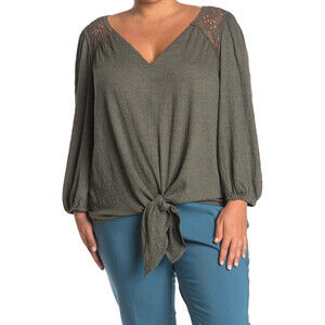 Max Studio Women's 3/4 Sleeve Knot Front V Neck Top In Green Size 1X $78